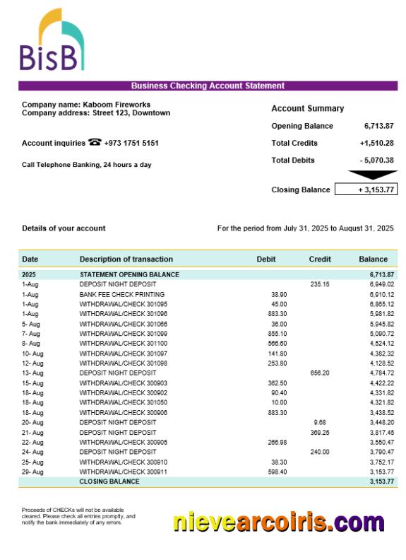BISB business bank company account statement